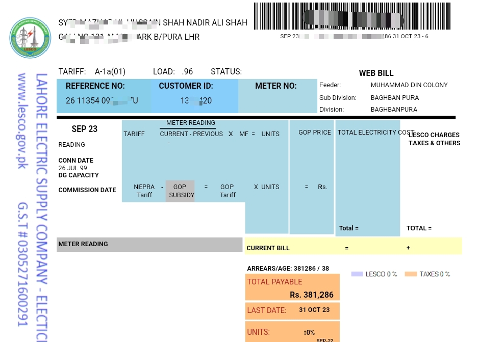 Electricity bill with less than 5 load A-1a