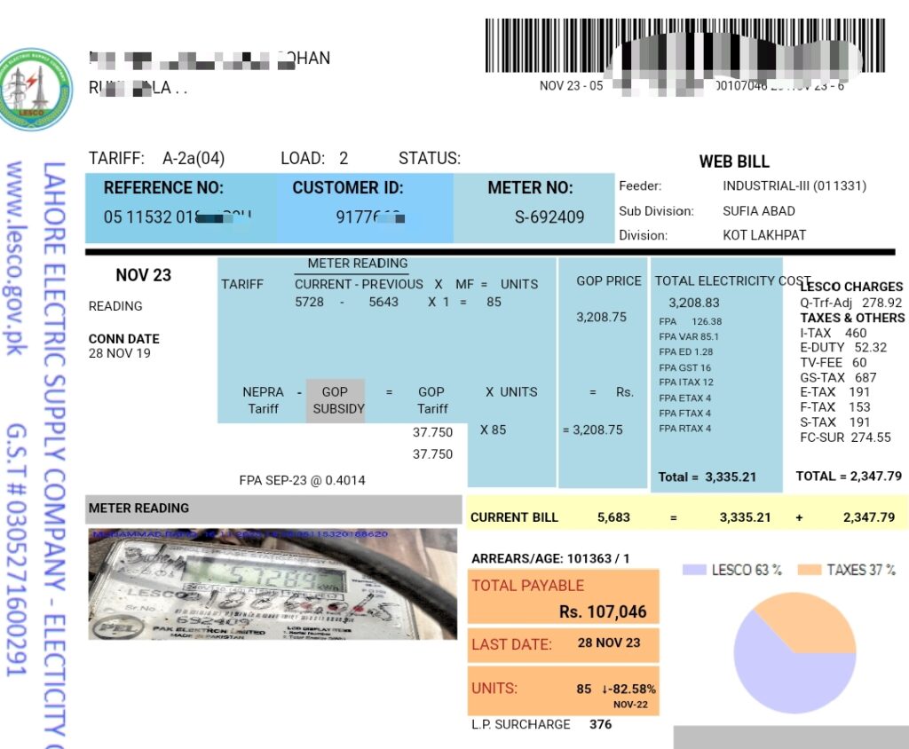 Electricity bill tariff A-2a